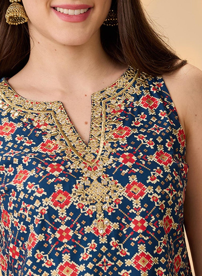 Globus Women Navy Blue Embroidered & Mirror Work Yoke Ethnic Print Kurti With Palazzos Festive Co-Ord Set - Image 5